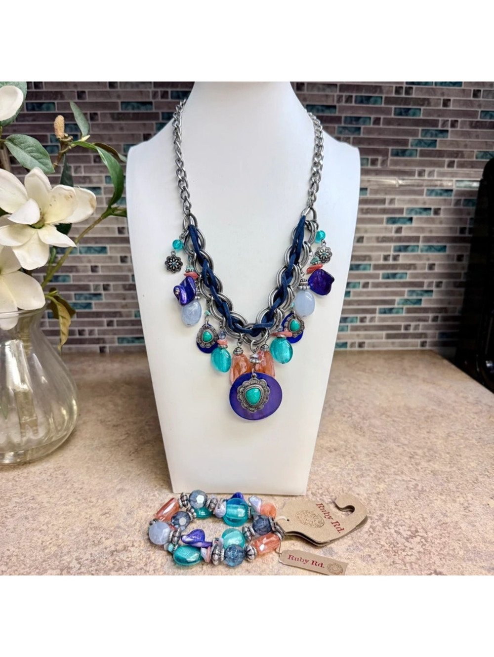 NWT Ruby Rd. Statement Necklace & Bracelet Set Blue Purple Silver Boho Beaded
